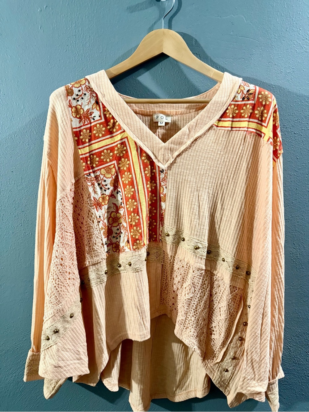 POL Peach & Orange Patchwork V-Neck Long Sleeve Top